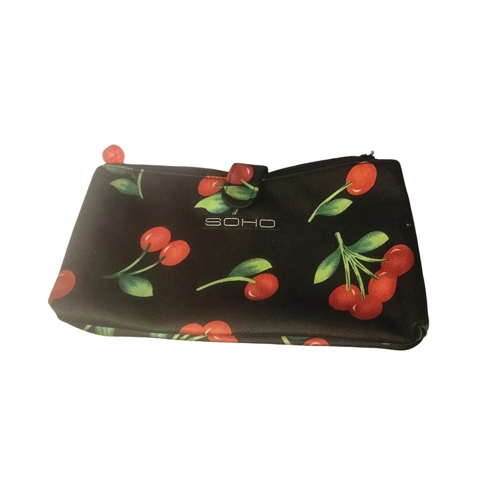 SOHO Cherry Print Makeup Bag Black Cosmetic‎ Travel Organizer Case Snap Closure